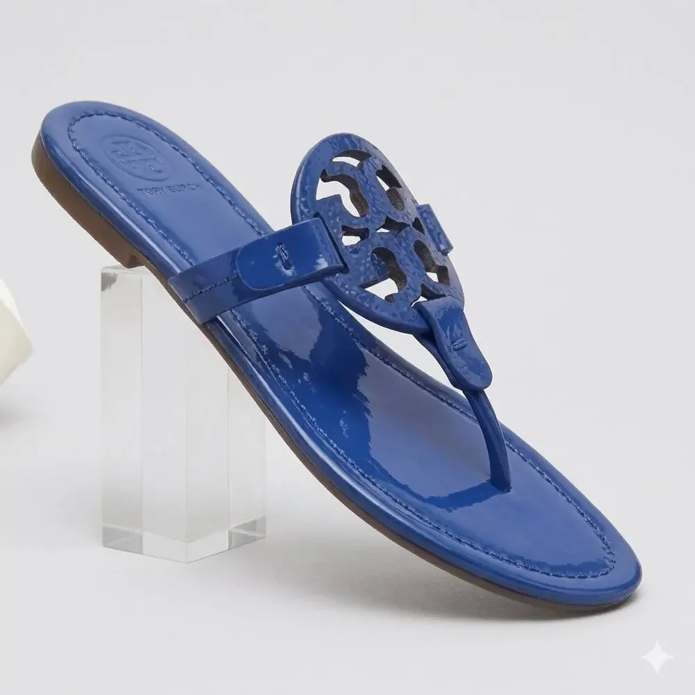 Tory Burch Miller Naplak Patent Leather Sandal Nautical Blue Thong Flat 6.5